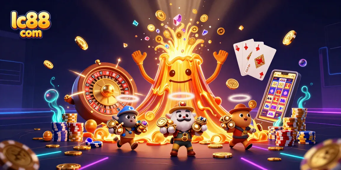 Experience exhilarating wins at lc88 com, showcasing vibrant casino action with a golden volcano erupting treasures.