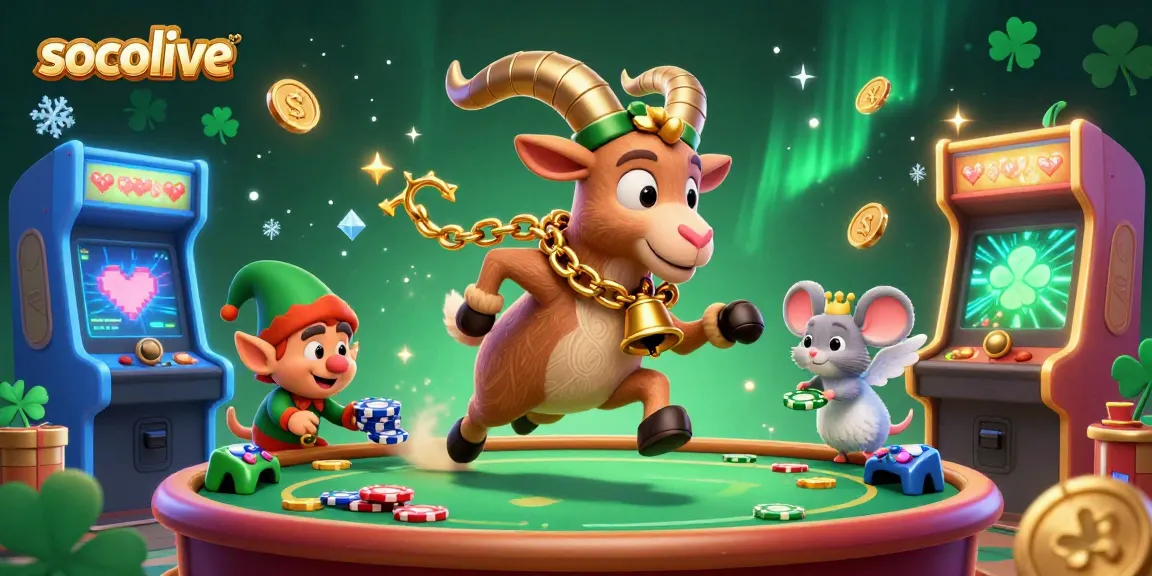 Socolive showcases a lively casino scene with Krampus, a mouse, and elf gremlins amidst vibrant game elements.
