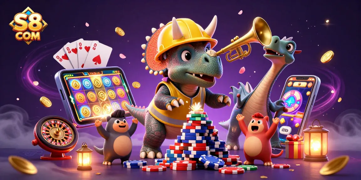Celebrate with S8 COM: A triceratops builds poker chips while a parasaurolophus toots in joyous excitement.