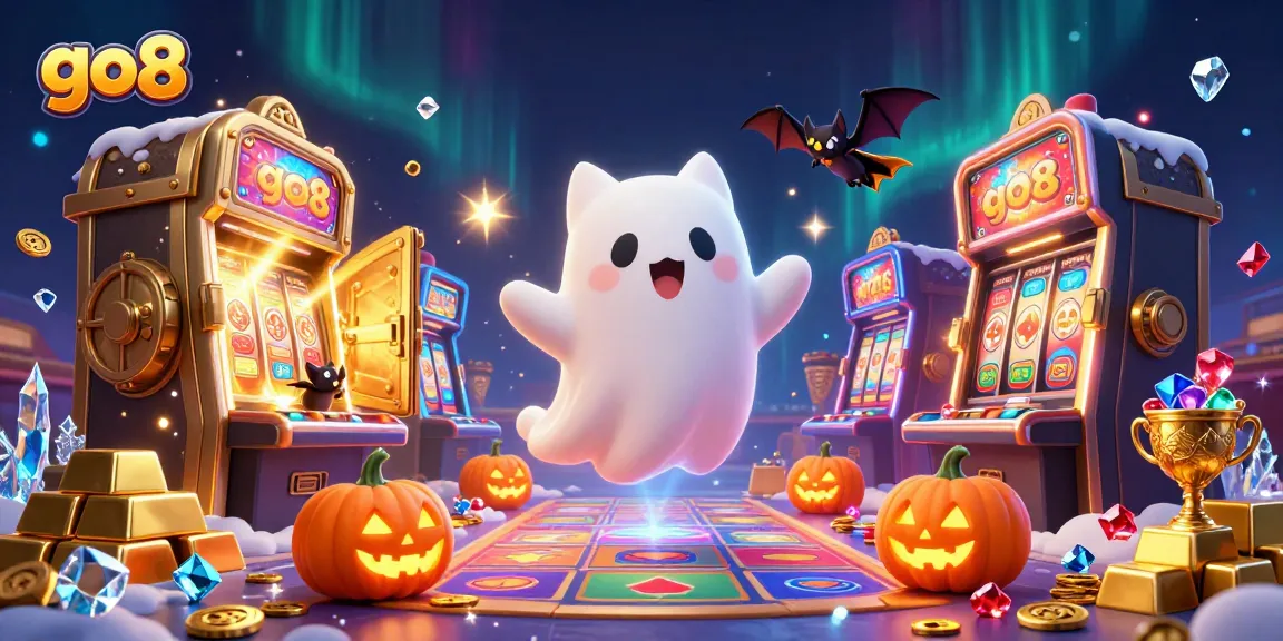 Experience exciting wins at go8, featuring a friendly ghost cat and glowing casino elements.