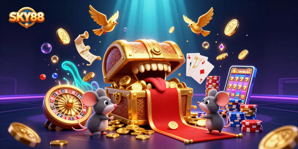 Engage with SKY88's vibrant gaming adventure featuring a treasure chest and casino elements.