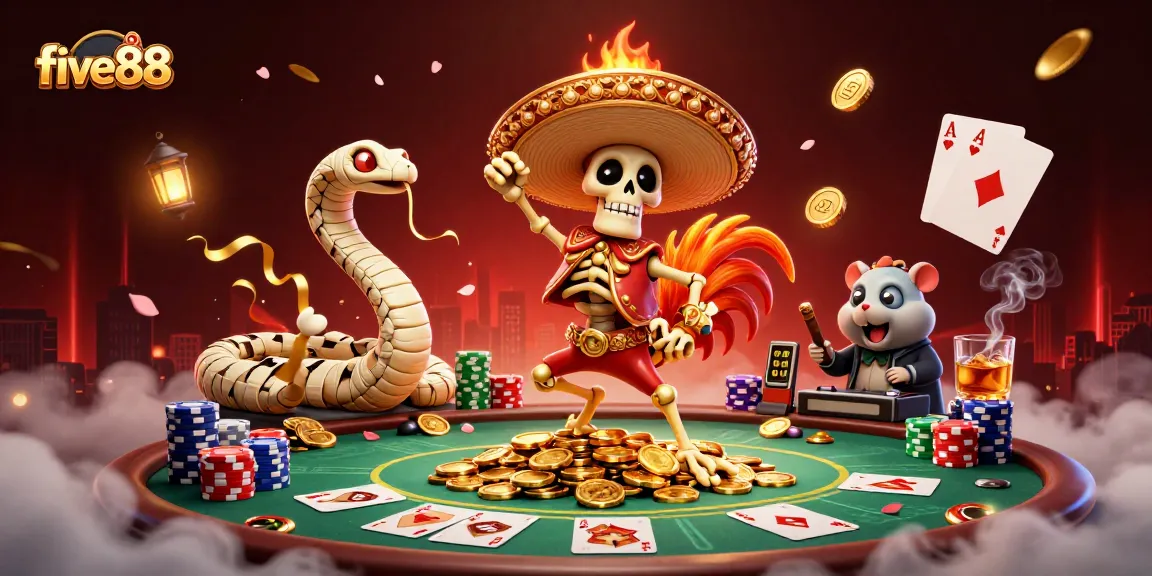 Experience a jackpot celebration at five88 featuring vibrant characters, poker elements, and festive details.