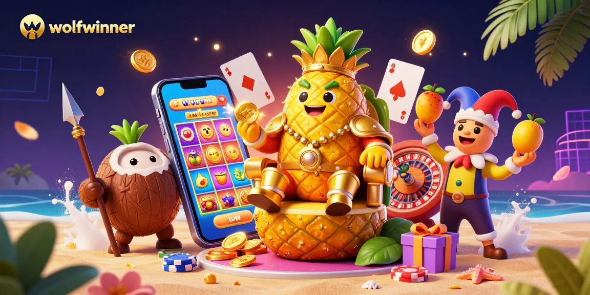 Play slots and win with the vibrant wolfwinner-themed beach casino illustration filled with action.