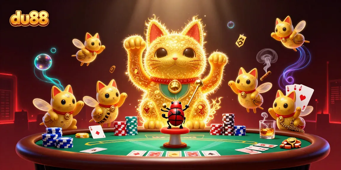 Engage with du88’s thrilling atmosphere featuring a golden lucky cat and vibrant poker elements.