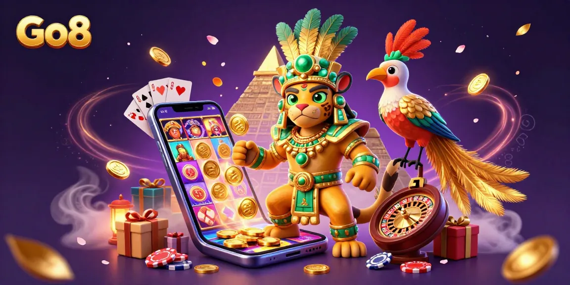 Play exciting slots at Go8 with a vibrant scene of 3D characters and casino elements.